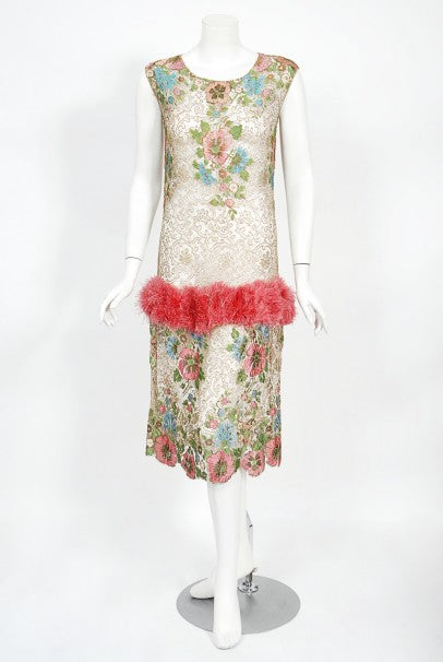 1920's Metallic Floral Sheer Lamé Lace Feather Drop-Waist Couture Dress
