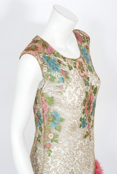 1920&#39;s Metallic Floral Sheer Lamé Lace Feather Drop-Waist Couture Dress