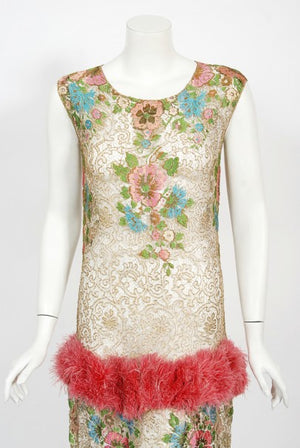 1920's Metallic Floral Sheer Lamé Lace Feather Drop-Waist Couture Dress