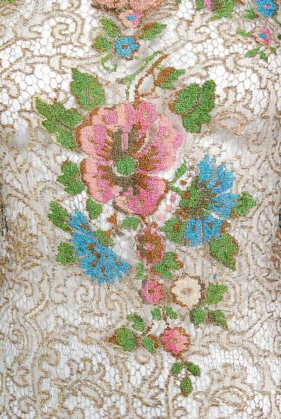 1920&#39;s Metallic Floral Sheer Lamé Lace Feather Drop-Waist Couture Dress