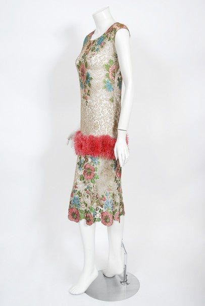 1920&#39;s Metallic Floral Sheer Lamé Lace Feather Drop-Waist Couture Dress