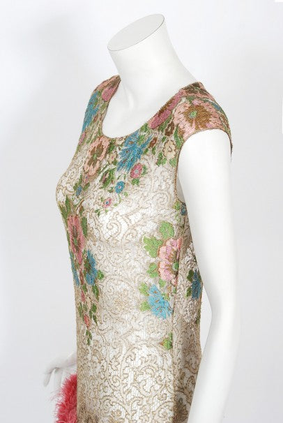 1920&#39;s Metallic Floral Sheer Lamé Lace Feather Drop-Waist Couture Dress