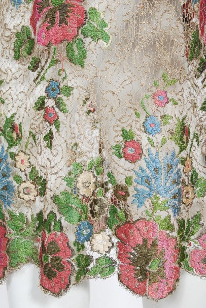 1920&#39;s Metallic Floral Sheer Lamé Lace Feather Drop-Waist Couture Dress
