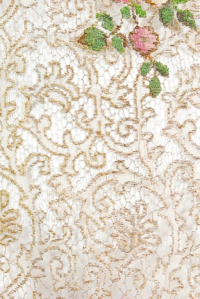 1920&#39;s Metallic Floral Sheer Lamé Lace Feather Drop-Waist Couture Dress