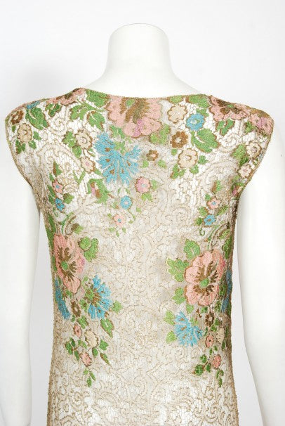 1920&#39;s Metallic Floral Sheer Lamé Lace Feather Drop-Waist Couture Dress