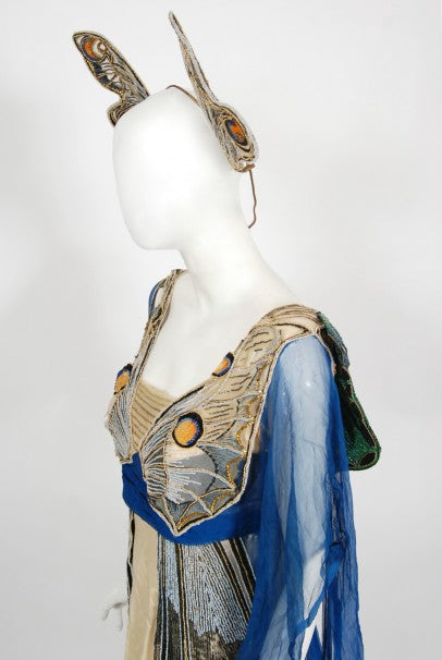 1912 Worth Haute Couture Beaded Butterfly Motif Silk Gown & Headpiece -  Timeless Vixen