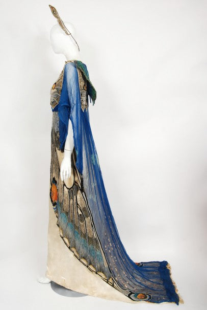 1912 Worth Haute Couture Beaded Butterfly Motif Silk Gown &amp; Headpiece