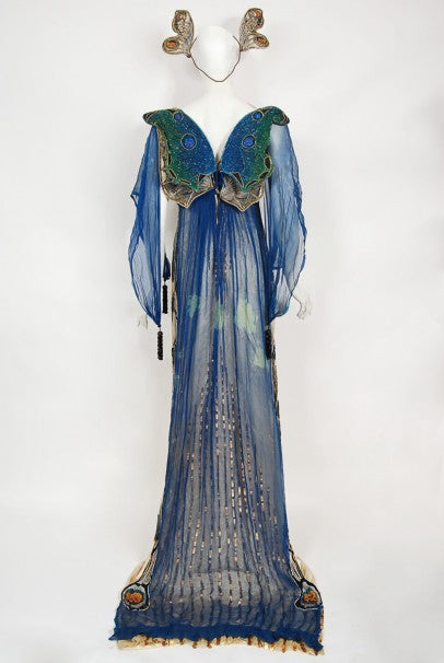 1912 Worth Haute Couture Beaded Butterfly Motif Silk Gown & Headpiece - Timeless Vixen 1912 Worth Haute Couture Beaded Butterfly Motif Silk Gown & Headpiece - Timeless Vixen