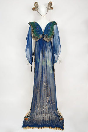 1912 Worth Haute Couture Beaded Butterfly Motif Silk Gown & Headpiece