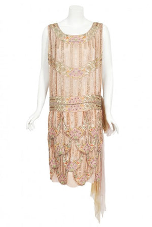 1920's Beaded Embroidered Blush-Pink French Couture Silk Petal Deco Dress