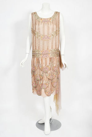 1920's Beaded Embroidered Blush-Pink French Couture Silk Petal Deco Dress