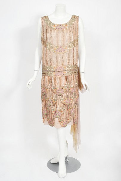 1920's Beaded Embroidered Blush-Pink French Couture Silk Petal Deco Dress 1920's Beaded Embroidered Blush-Pink French Couture Silk Petal Deco Dress