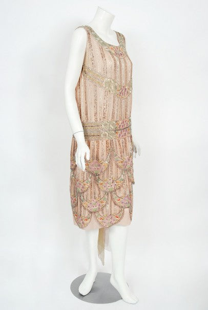 1920's Beaded Embroidered Blush-Pink French Couture Silk Petal Deco Dr
