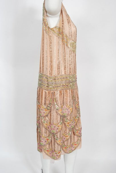 1920's Beaded Embroidered Blush-Pink French Couture Silk Petal Deco Dr - Timeless Vixen 1920's Beaded Embroidered Blush-Pink French Couture Silk Petal Deco Dr - Timeless Vixen
