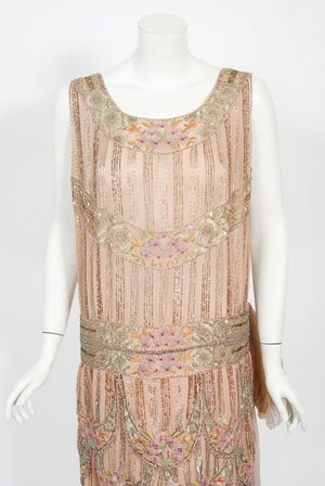 1920's Beaded Embroidered Blush-Pink French Couture Silk Petal Deco Dress