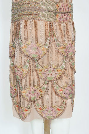 1920's Beaded Embroidered Blush-Pink French Couture Silk Petal Deco Dress