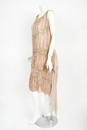 1920's Beaded Embroidered Blush-Pink French Couture Silk Petal Deco Dress