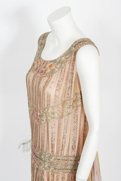 1920&#39;s Beaded Embroidered Blush-Pink French Couture Silk Petal Deco Dress