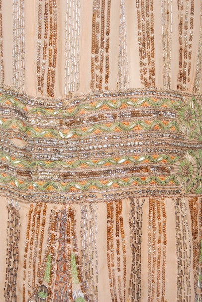 1920&#39;s Beaded Embroidered Blush-Pink French Couture Silk Petal Deco Dress