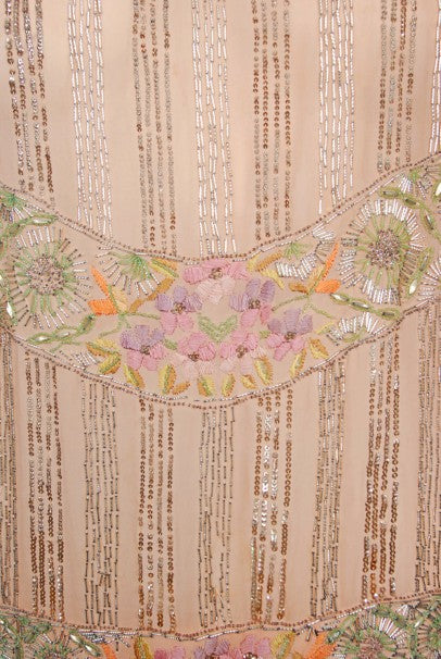 1920&#39;s Beaded Embroidered Blush-Pink French Couture Silk Petal Deco Dress