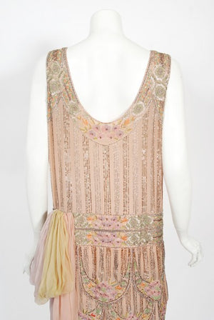 1920's Beaded Embroidered Blush-Pink French Couture Silk Petal Deco Dress