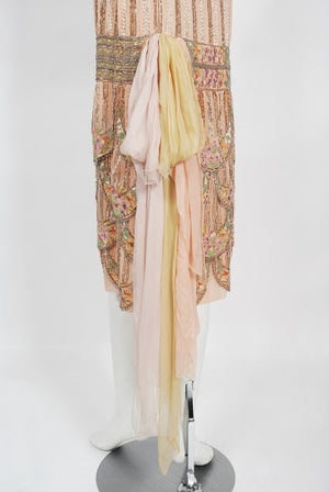 1920's Beaded Embroidered Blush-Pink French Couture Silk Petal Deco Dress