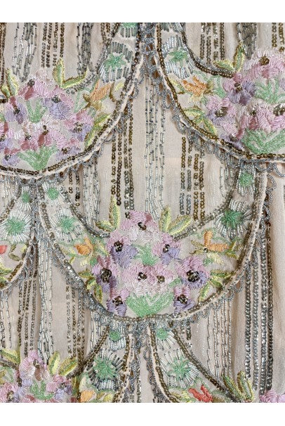 1920&#39;s Beaded Embroidered Blush-Pink French Couture Silk Petal Deco Dress