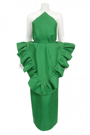 1987 Pierre Cardin Haute Couture Green Silk Sculptural Ruffle Gown