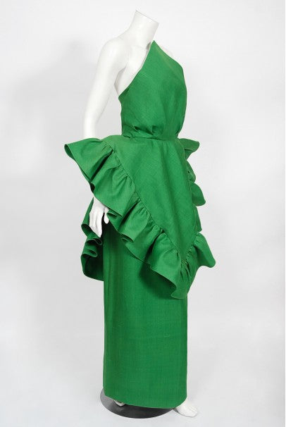 1987 Pierre Cardin Haute Couture Green Silk Sculptural Ruffle Gown