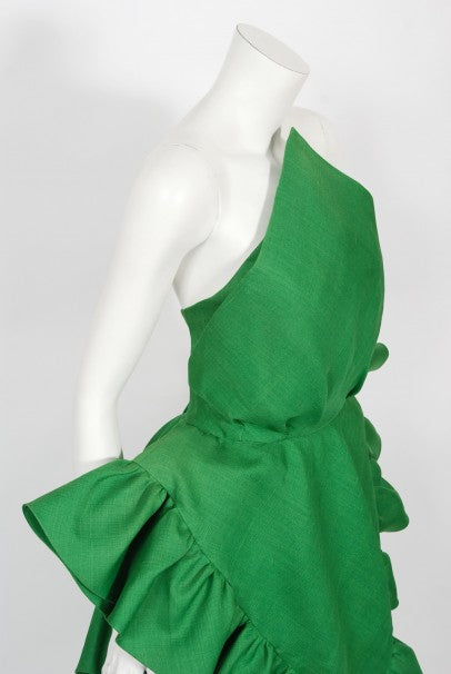 1987 Pierre Cardin Haute Couture Green Silk Sculptural Ruffle Gown