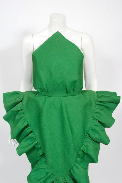1987 Pierre Cardin Haute Couture Green Silk Sculptural Ruffle Gown