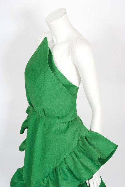 1987 Pierre Cardin Haute Couture Green Silk Sculptural Ruffle Gown