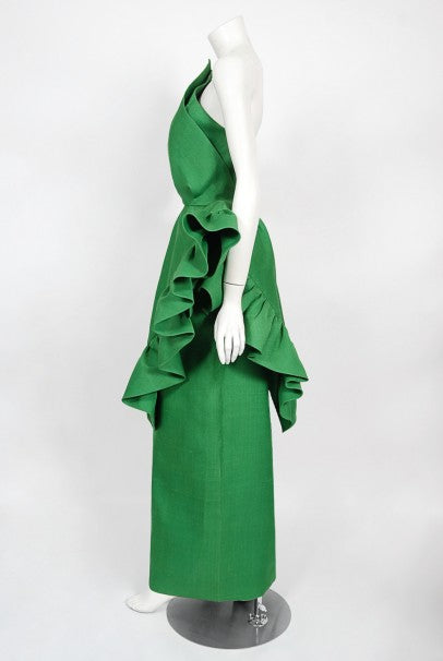 1987 Pierre Cardin Haute Couture Green Silk Sculptural Ruffle Gown