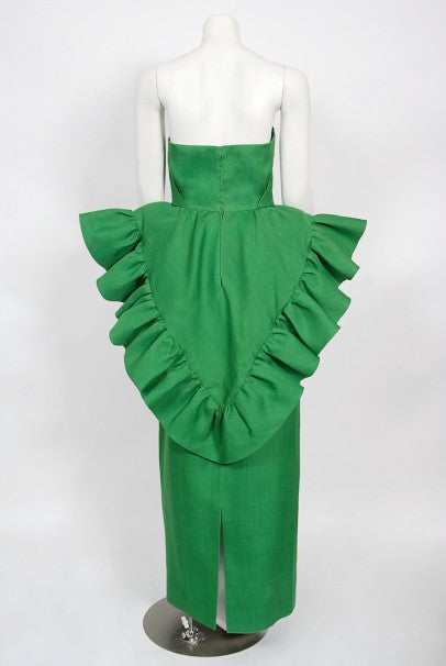 1987 Pierre Cardin Haute Couture Green Silk Sculptural Ruffle Gown