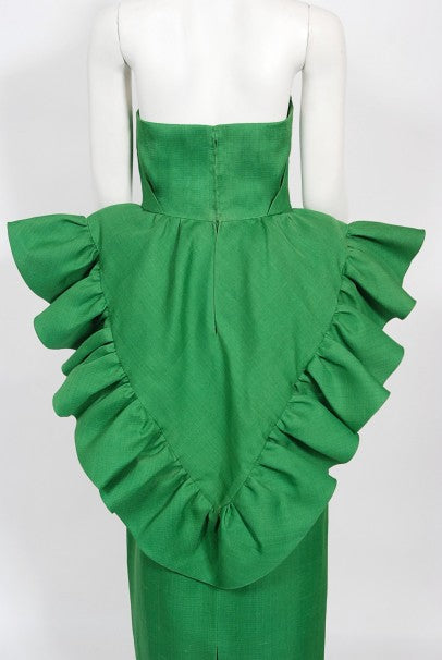 1987 Pierre Cardin Haute Couture Green Silk Sculptural Ruffle Gown