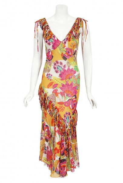 2005 Christian Dior by John Galliano Colorful Floral Silk Bias-Cut Dress