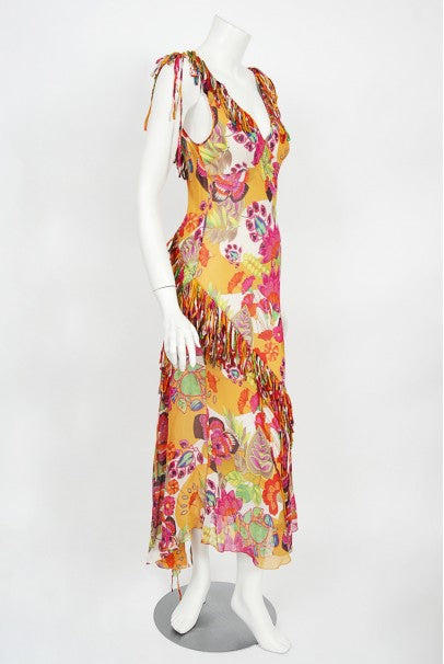 2005 Christian Dior by John Galliano Colorful Floral Silk Bias-Cut Dress