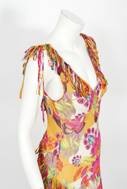 2005 Christian Dior by John Galliano Colorful Floral Silk Bias-Cut Dress