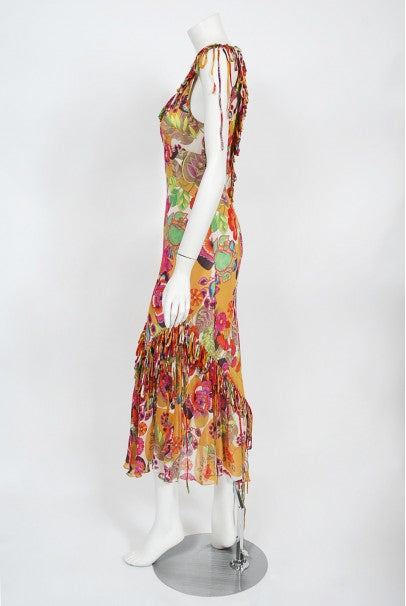 2005 Christian Dior by John Galliano Colorful Floral Silk Bias-Cut Dress