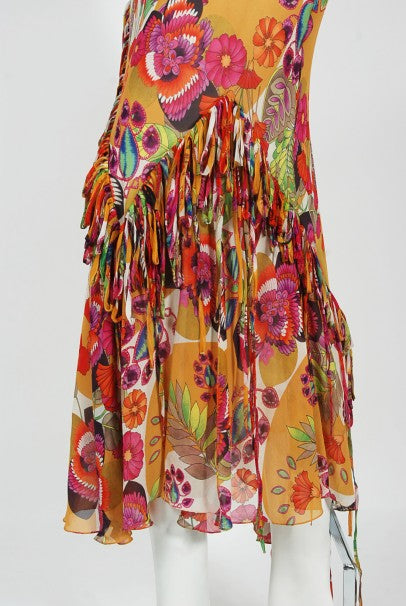 2005 Christian Dior by John Galliano Colorful Floral Silk Bias-Cut Dress