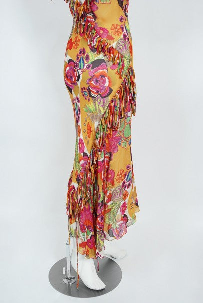 2005 Christian Dior by John Galliano Colorful Floral Silk Bias-Cut Dress