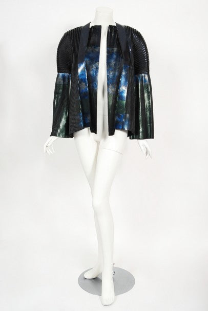 2009 Balenciaga Runway Iridescent Pleated Blue Silk Bell-Sleeve Jacket w/ Tags