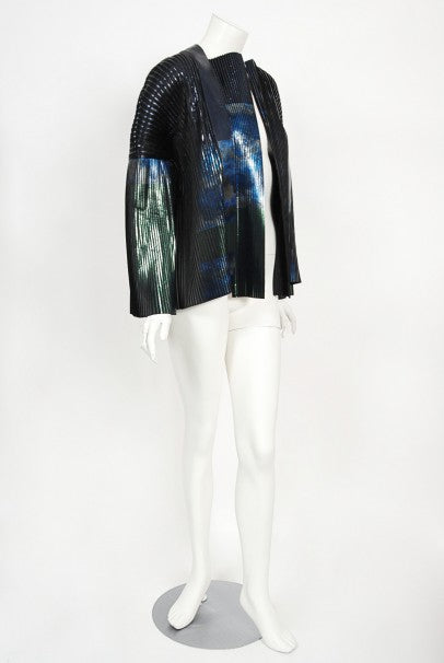 2009 Balenciaga Runway Iridescent Pleated Blue Silk Bell-Sleeve Jacket w/ Tags