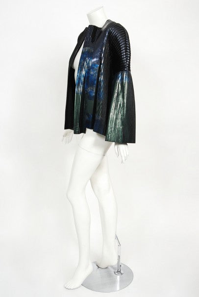 2009 Balenciaga Runway Iridescent Pleated Blue Silk Bell-Sleeve Jacket w/ Tags