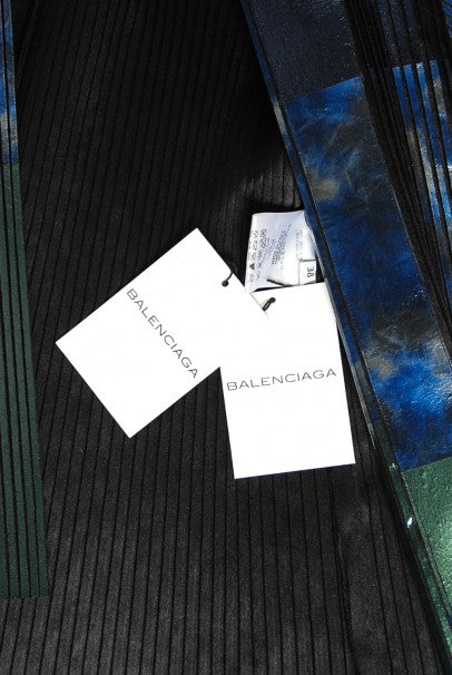 2009 Balenciaga Runway Iridescent Pleated Blue Silk Bell-Sleeve Jacket w/ Tags