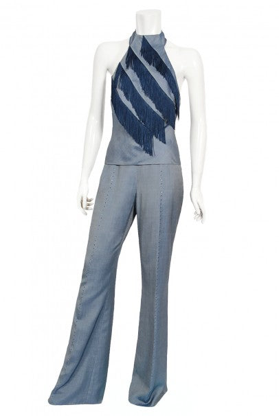1998 Alexander McQueen for Givenchy Runway Silk Fringed Halter Pantsuit