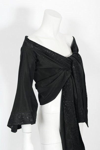 1994 John Galliano Silk &amp; Metallic Lace Cropped Kimono-Style Wrap Jacket
