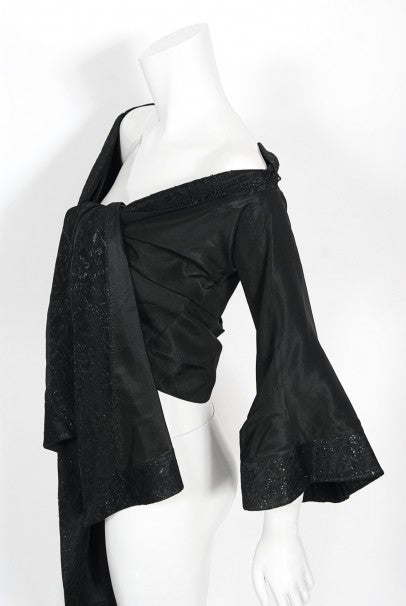 1994 John Galliano Silk &amp; Metallic Lace Cropped Kimono-Style Wrap Jacket