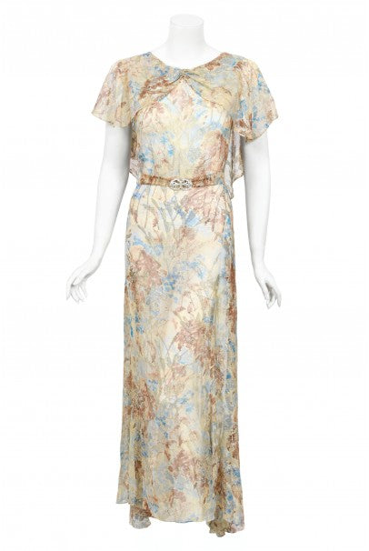 1930&#39;s Metallic Floral Semi-Sheer Lamé Silk Capelet Drape Belted Gown