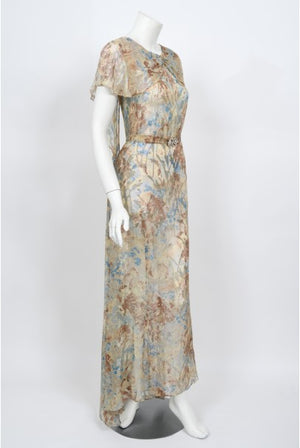 1930's Metallic Floral Semi-Sheer Lamé Silk Capelet Drape Belted Gown